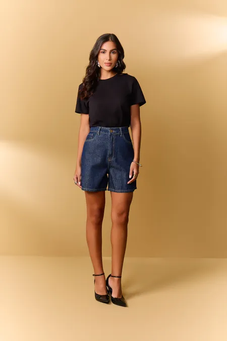 Bermuda Jeans Mom Feminina em Algodão Blue Puramania